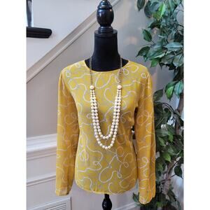 A .New Day Blouse L Yellow White Pearl Chain Crew Keyhole Long Sleeve Pullover